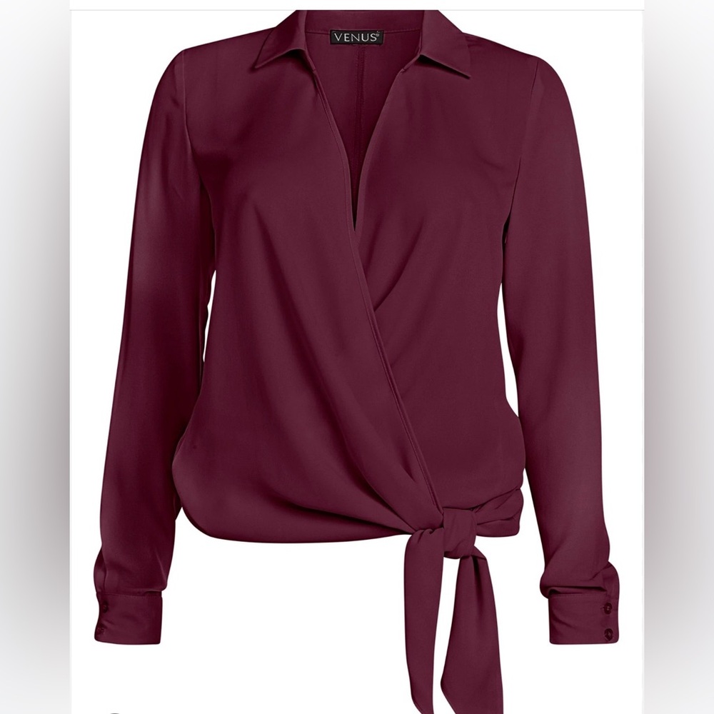 VENUS Deep Burgundy Wrap Tie Blouse